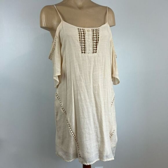 Guess Women's Small Beige Tunic Peasant Midi Dress Flutter Sleeves Cold Shoulder - Picture 1 of 12